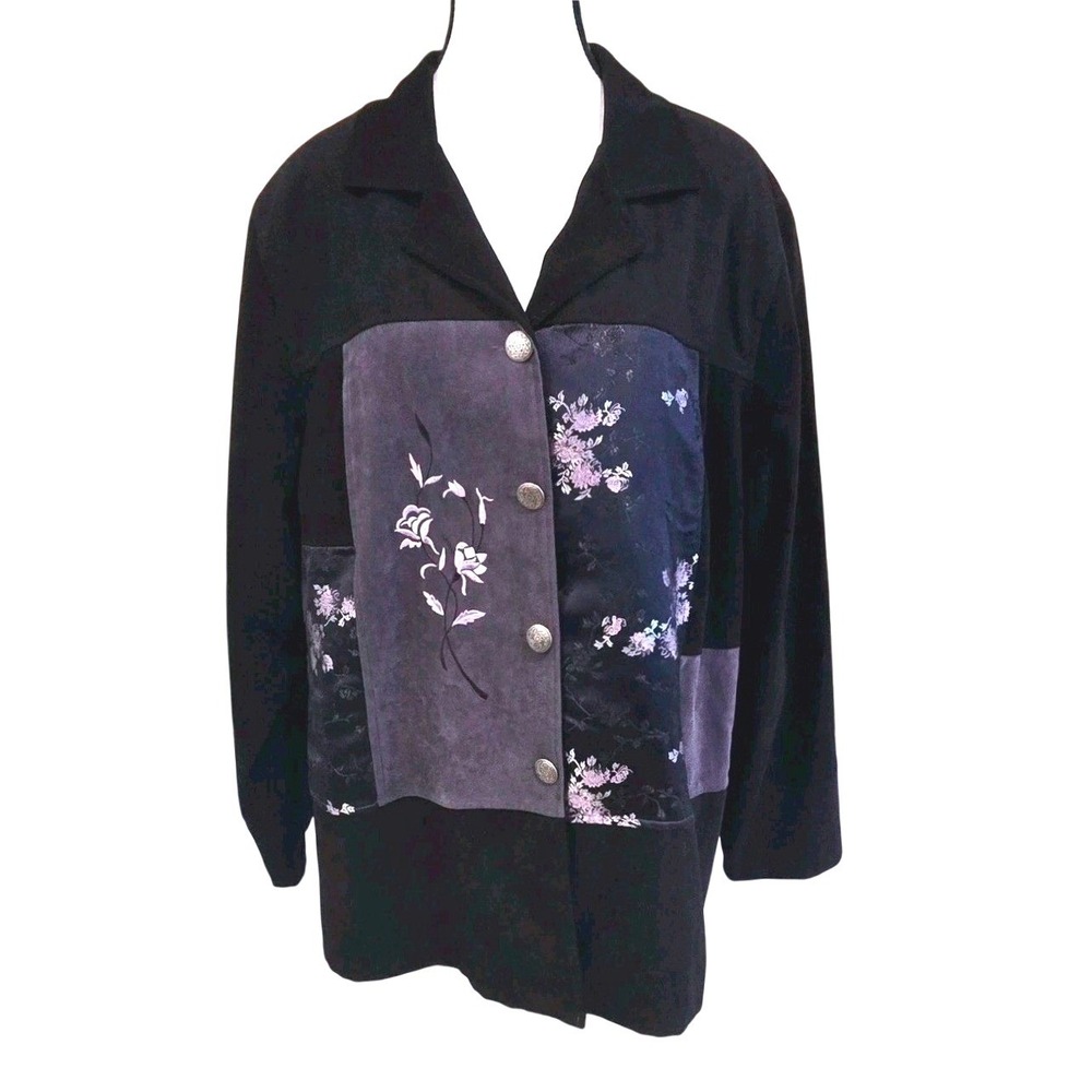 Vtg 90s Notations Woman 1X Patchwork Floral Jacquard Jacket Artsy Black Grey
